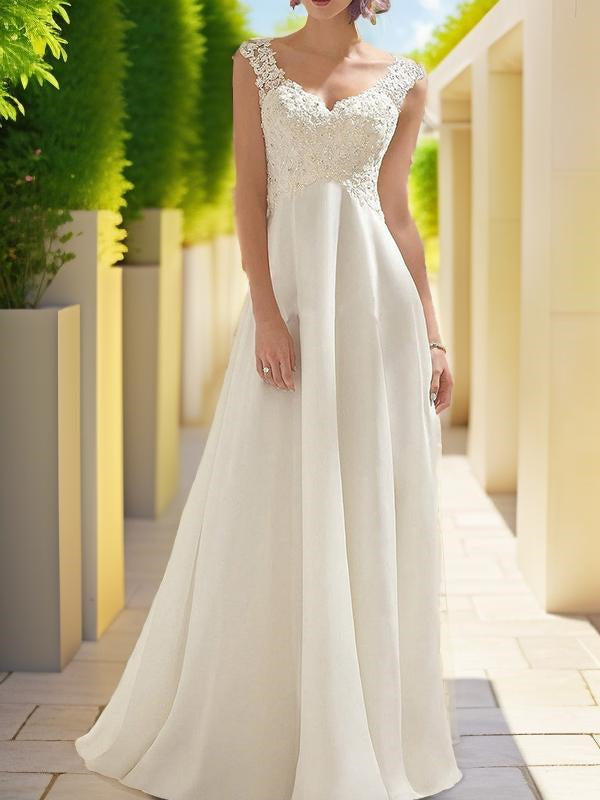 Empire V-neck Lace Sweep Train Chiffon Wedding Dress
