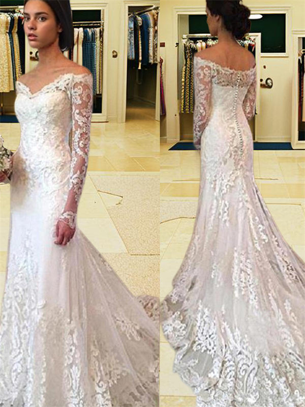 Mermaid Off-the-Shoulder Long Sleeves Appliques Lace Court Train Lace Wedding Dress