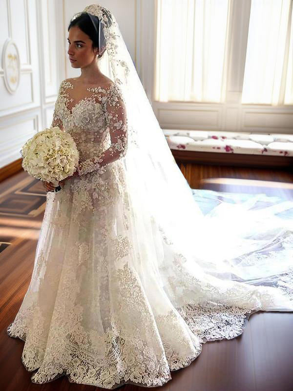 A-line Bateau Long Sleeves Lace Chapel Train Tulle Wedding Dress
