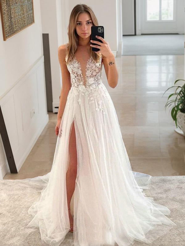 A-line V-neck Lace Sweep Train Tulle Wedding Dress