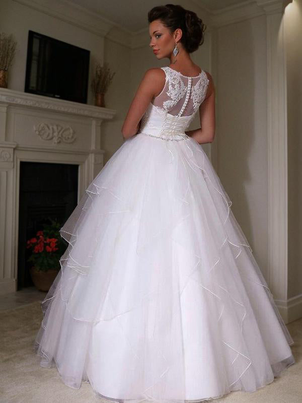 A-line Jewel Layers Floor-Length Organza Wedding Dress