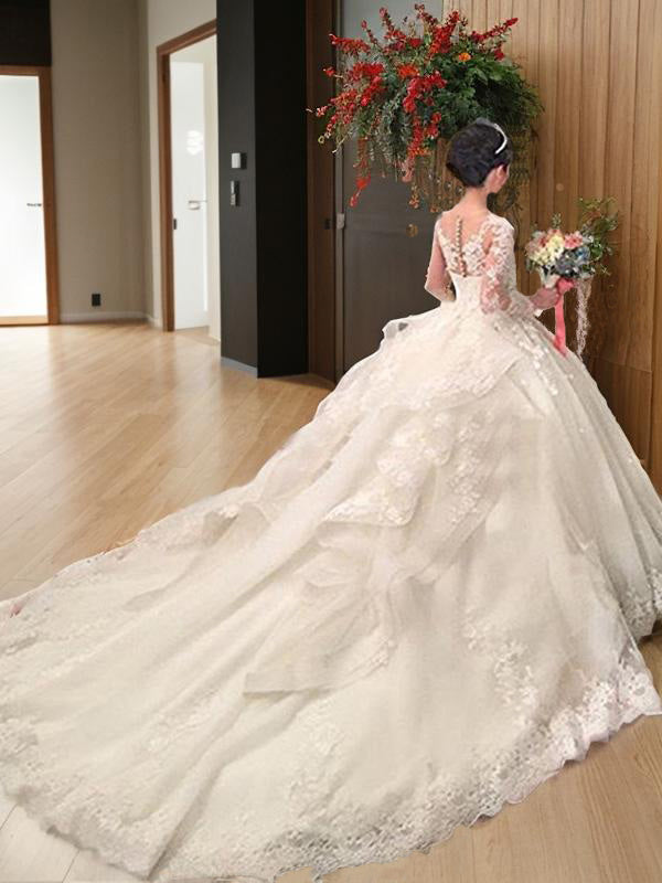 Ball-Gown Scoop Long Sleeves Appliques Lace Cathedral Train Tulle Wedding Dress