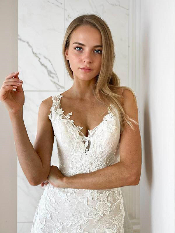 Mermaid V-neck Applique Sweep Train Tulle Wedding Dress