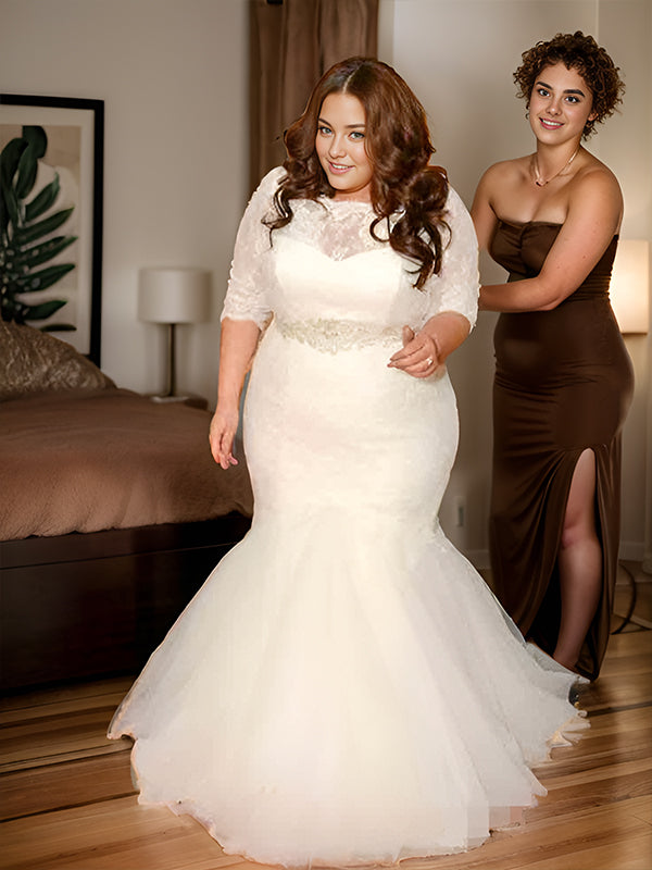 Mermaid Off-the-Shoulder Long Sleeves Sash/Ribbon/Belt Sweep Train Tulle Wedding Dress