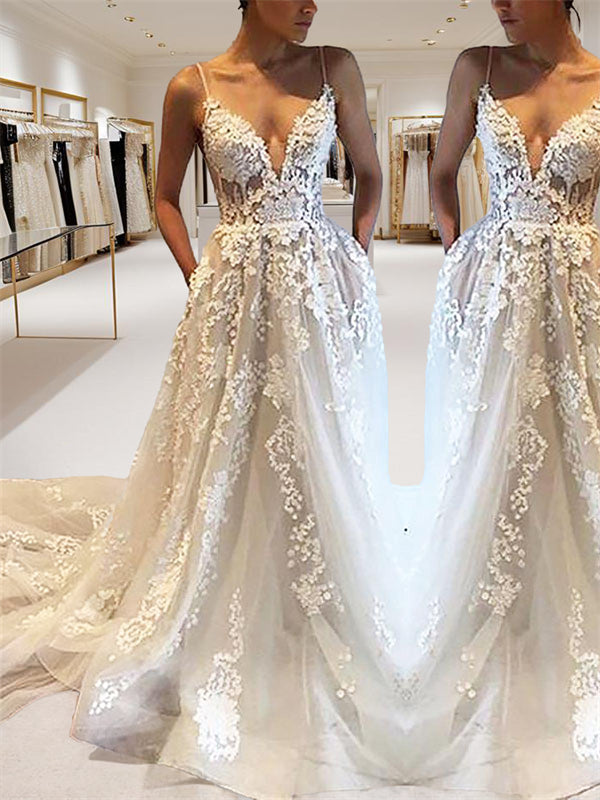 A-line Spaghetti Straps Appliques Lace Cathedral Train Tulle Wedding Dress