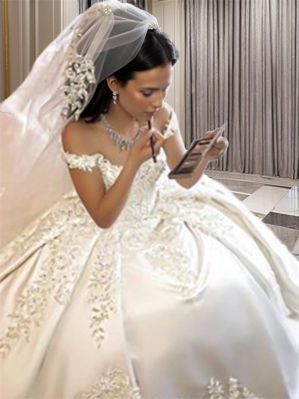Ball-Gown Off-the-Shoulder Applique Sweep Train Satin Wedding Dress
