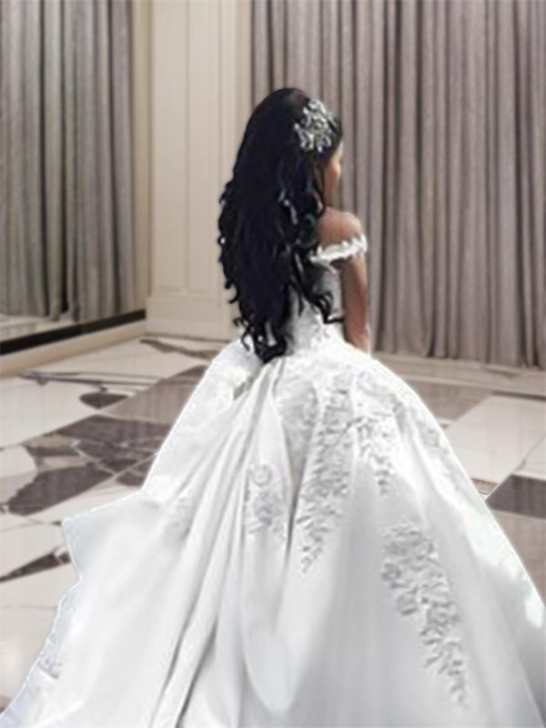Ball-Gown Off-the-Shoulder Applique Sweep Train Satin Wedding Dress