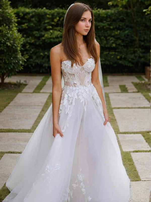 A-line Sweetheart Appliques Lace Sweep Train Tulle Wedding Dress