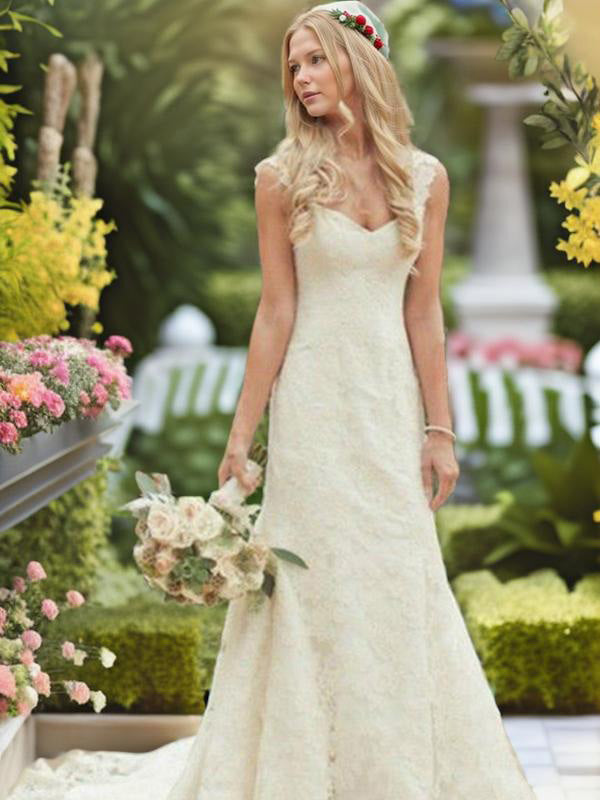 Mermaid V-neck Appliques Lace Sweep Train Lace Wedding Dress