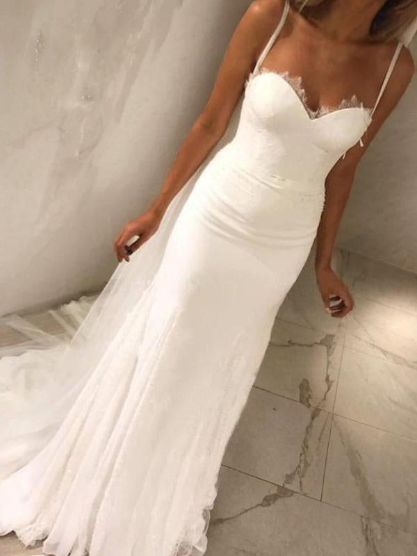 Sheath Sweetheart Lace Sweep Train Lace Wedding Dress