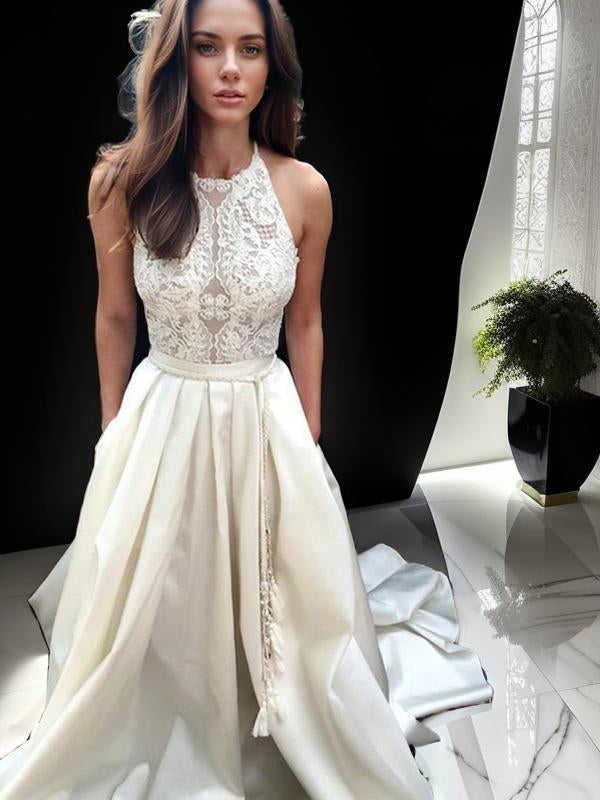 A-line Halter Appliques Lace Chapel Train Satin Wedding Dress