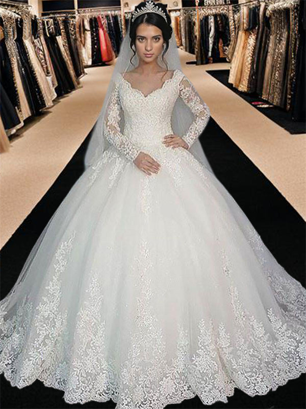 Ball-Gown V-neck Long Sleeves Appliques Lace Floor-Length Tulle Wedding Dress