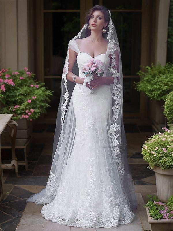 Mermaid Straps Appliques Lace Sweep Train Tulle Wedding Dress