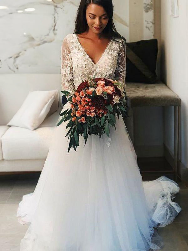 A-line V-neck Long Sleeves Appliques Lace Sweep Train Tulle Wedding Dress