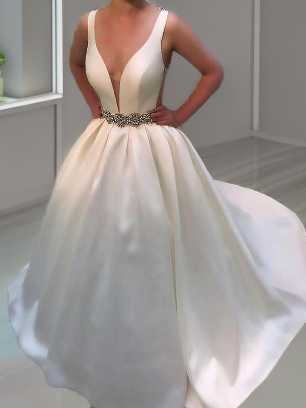 A-line V-neck Beading Court Train Satin Wedding Dress
