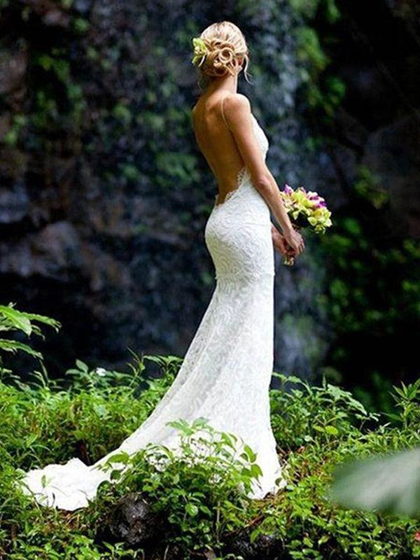 Sheath V-neck Appliques Lace Court Train Lace Wedding Dress