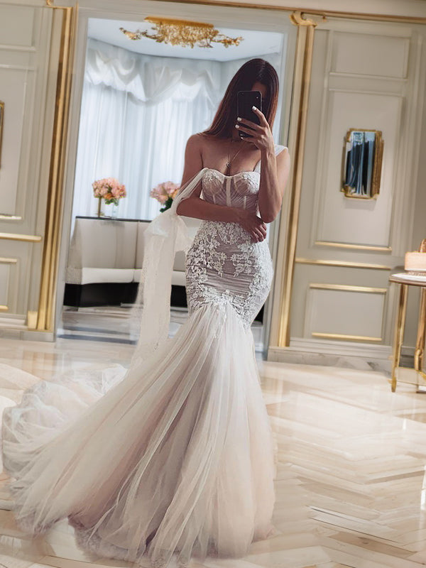 Mermaid Straps Appliques Lace Cathedral Train Tulle Wedding Dress