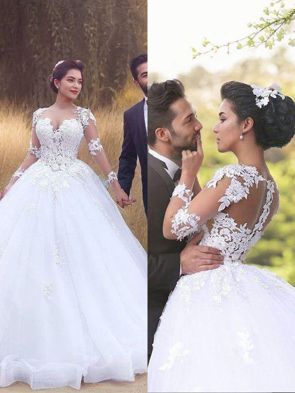 Ball-Gown Sweetheart Long Sleeves Appliques Lace Court Train Tulle Wedding Dress