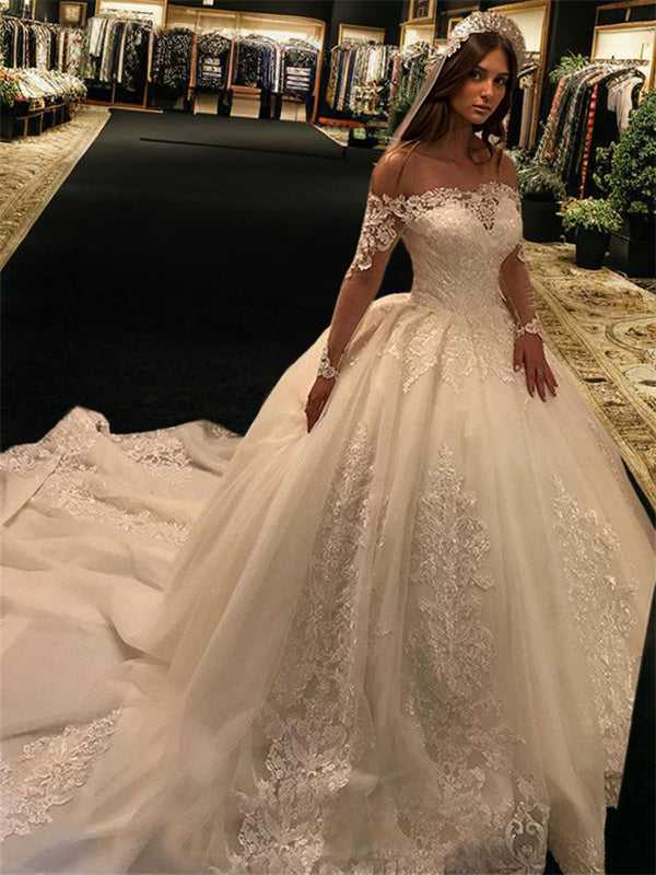 Ball-Gown Off-the-Shoulder Long Sleeves Appliques Lace Cathedral Train Tulle Wedding Dress