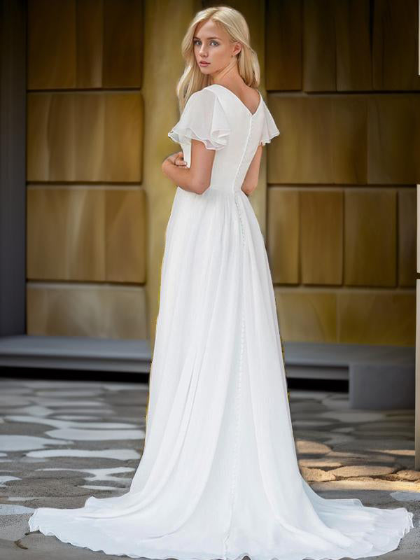 A-line V-neck Short Sleeves Ruffles Sweep Train Chiffon Wedding Dress