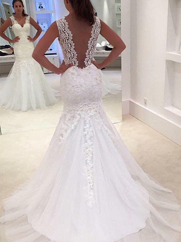 Mermaid V-neck Appliques Lace Court Train Lace Wedding Dress