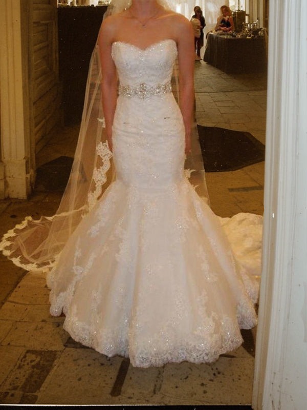 Mermaid Sweetheart Appliques Lace Court Train Tulle Wedding Dress