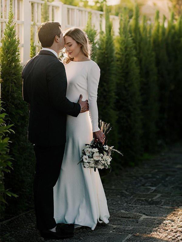 Sheath Jewel Long Sleeves Sweep Train Stretch Crepe Wedding Dress