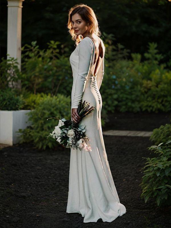 Sheath Jewel Long Sleeves Sweep Train Stretch Crepe Wedding Dress
