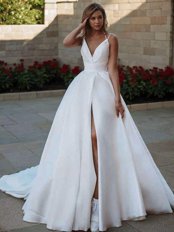 A-line V-neck Ruched Sweep Train Satin Wedding Dress