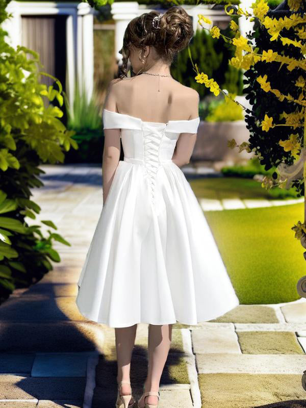 A-line Off-the-Shoulder Bow Knee-Length Satin Wedding Dress