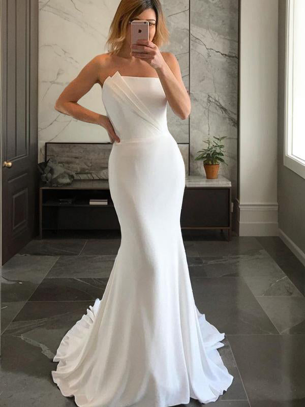 Sheath Straight Ruched Sweep Train Stretch Crepe Wedding Dress