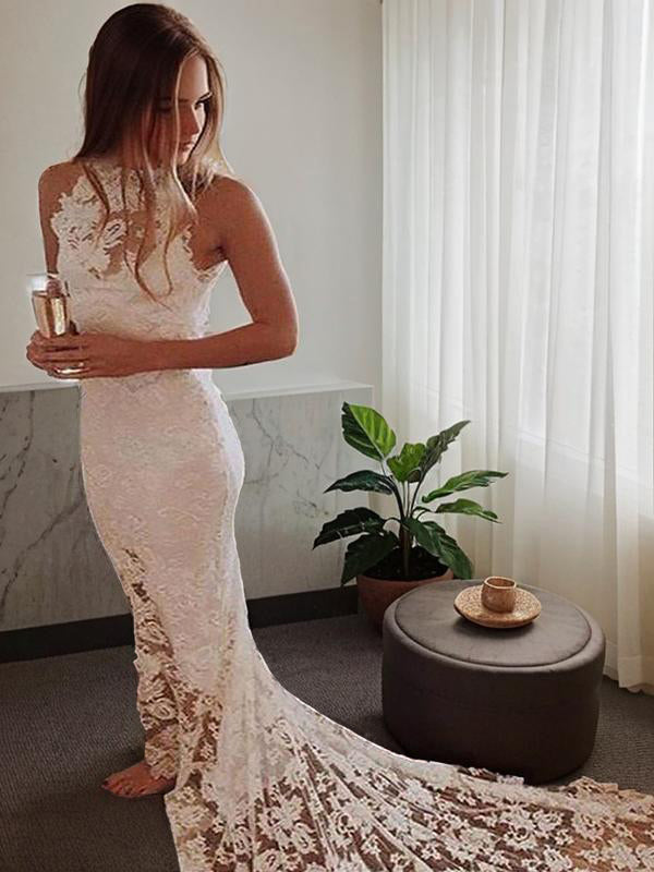 Mermaid Halter Appliques Lace Chapel Train Lace Wedding Dress