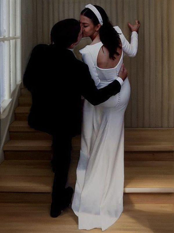 Sheath Square Long Sleeves Sweep Train Stretch Crepe Wedding Dress