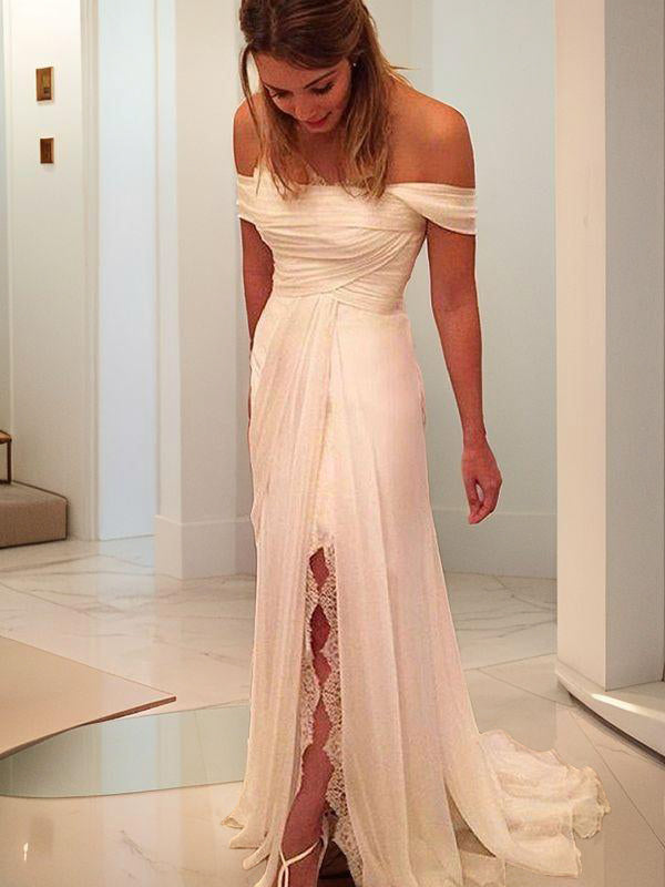 A-line Off-the-Shoulder Pleated Sweep Train 30D Chiffon Wedding Dress