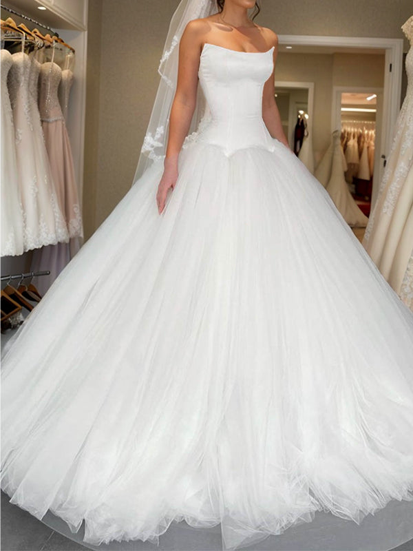Ball Gown Straight Floor-Length Tulle Wedding Dress