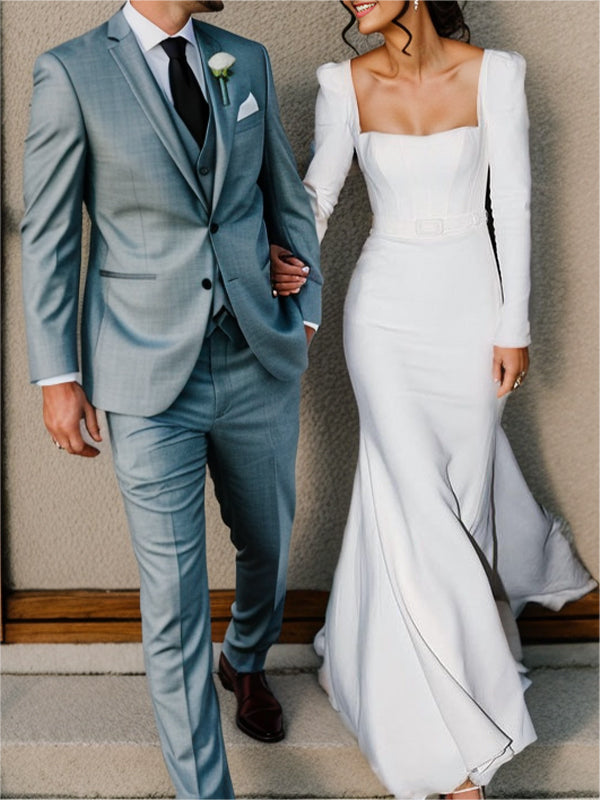Sheath Square Long Sleeves Sweep Train Stretch Crepe Corset Wedding Dress