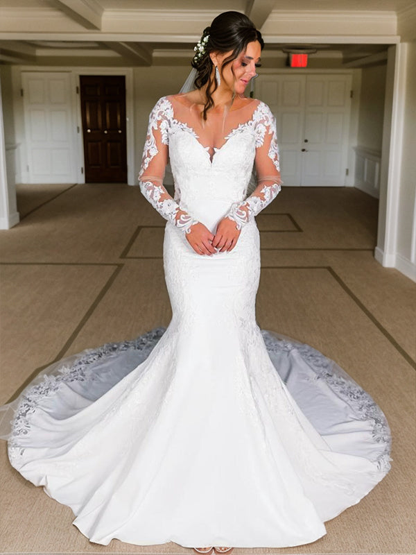 Mermaid Scoop Long Sleeves Appliques Lace Cathedral Train Stretch Crepe Wedding Dress