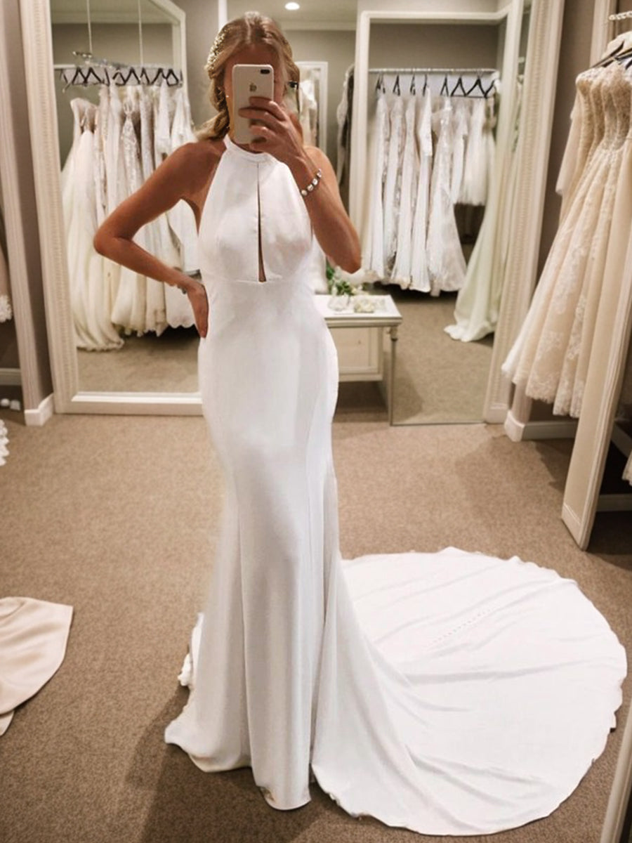 Sheath Halter Cathedral Train Stretch Crepe Wedding Dress
