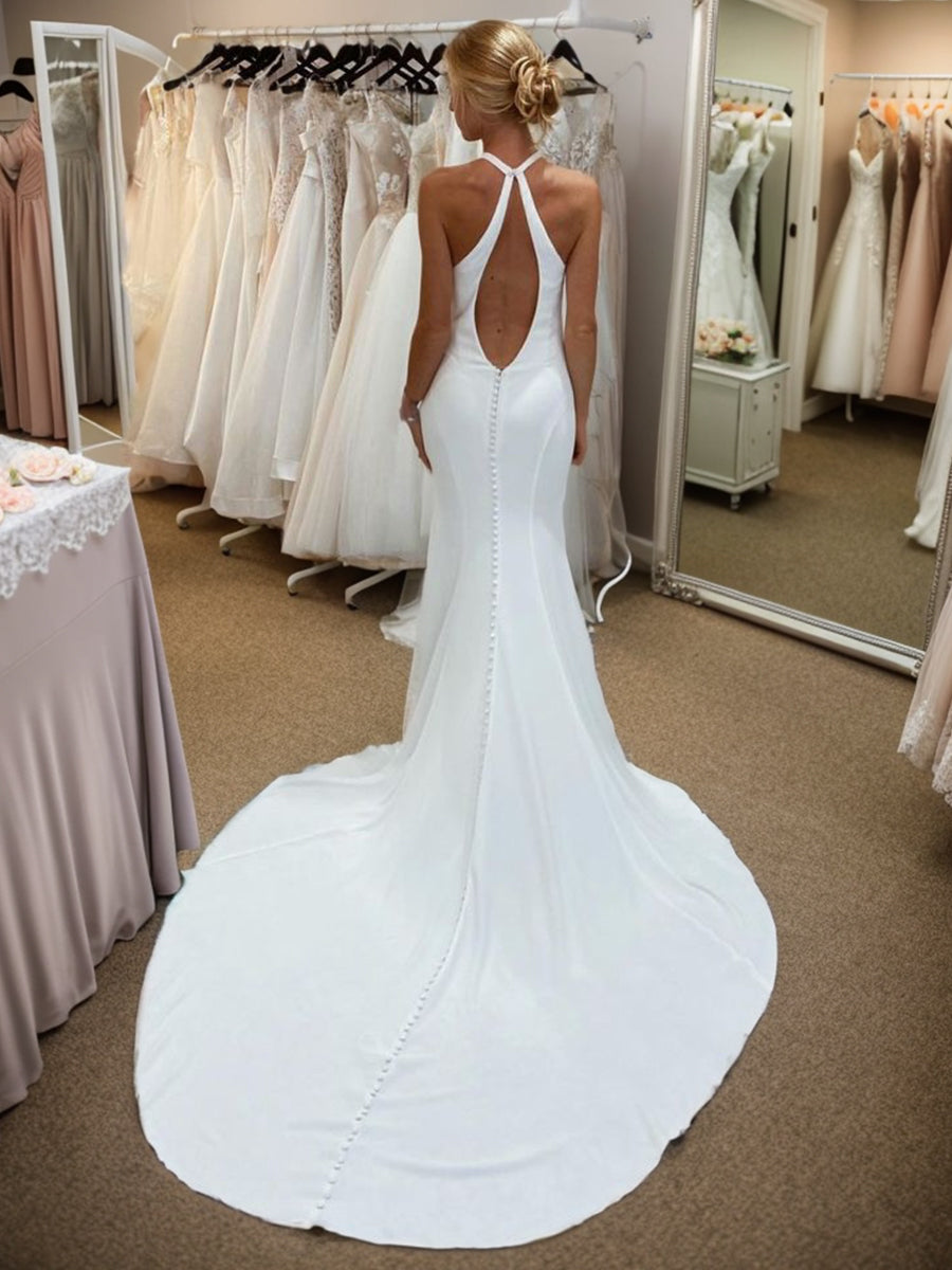 Sheath Halter Cathedral Train Stretch Crepe Wedding Dress