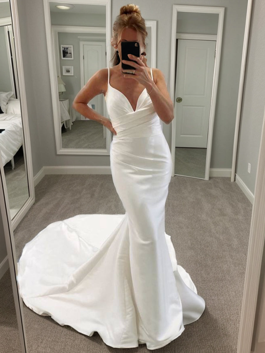 Sheath V-neck Pleated Chapel Train Satin Wedding Dress