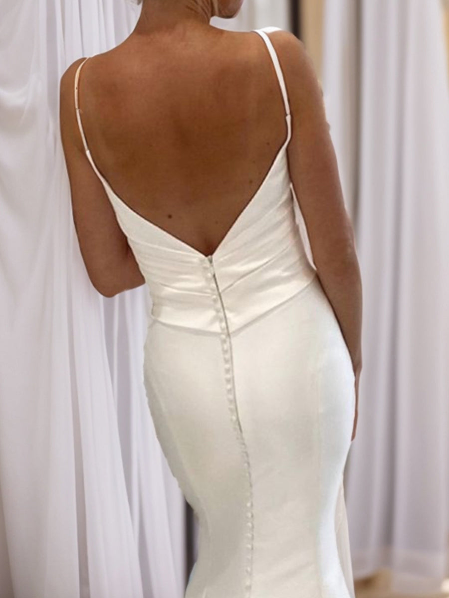 Sheath V-neck Pleated Chapel Train Satin Wedding Dress