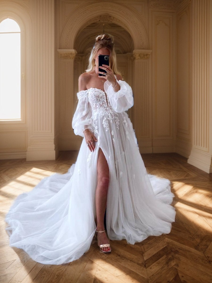 A-line Off-the-Shoulder Long Sleeves Appliques Lace Court Train Tulle Corset Wedding Dress