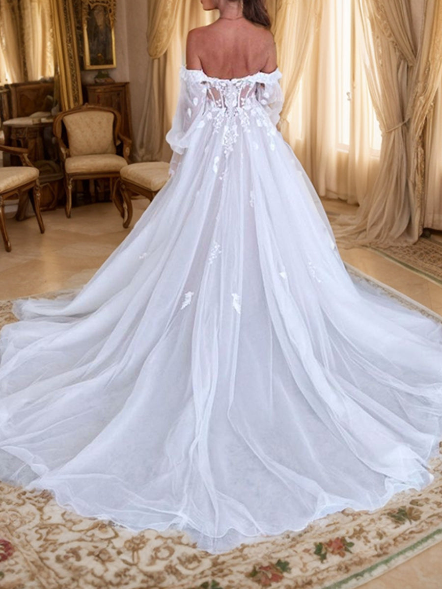 A-line Off-the-Shoulder Long Sleeves Appliques Lace Court Train Tulle Corset Wedding Dress
