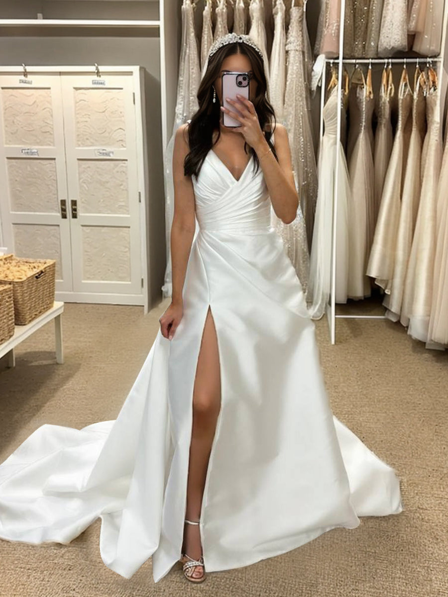 A-line V-neck Pleated Chapel Train Satin Wedding Dress