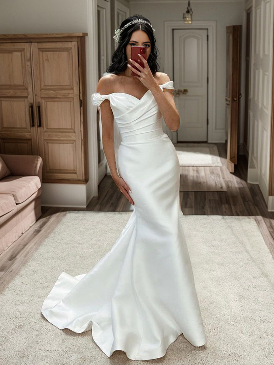 Sheath Off-the-Shoulder Pleated Court Train Satin Wedding Dress