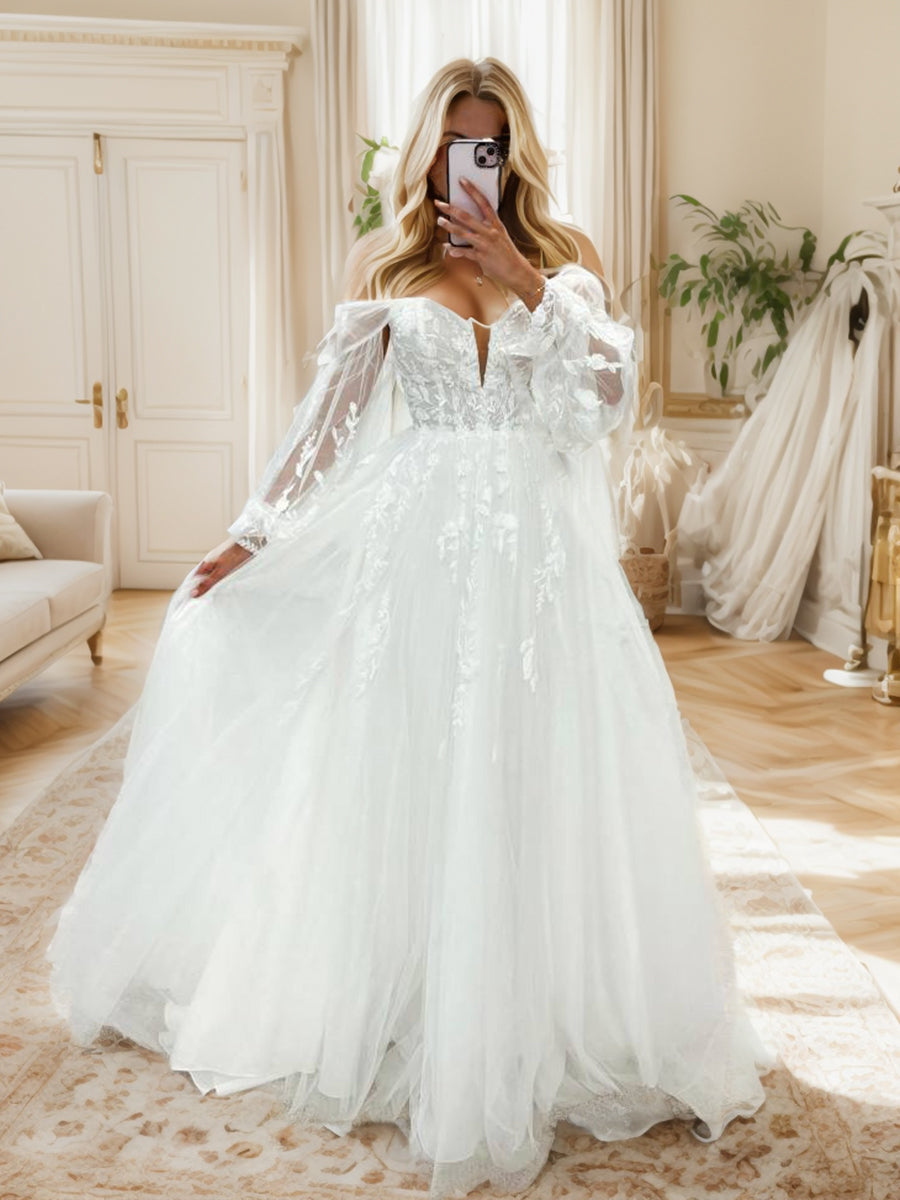 A-line Off-the-Shoulder Long Sleeves Appliques Lace Floor-Length Tulle Corset Wedding Dress