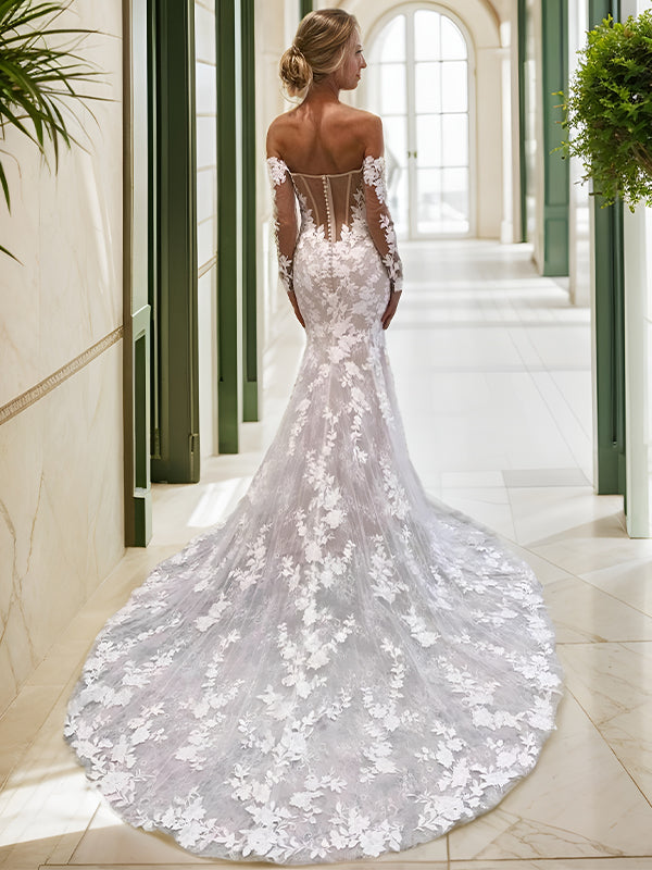 Sheath Off-the-Shoulder Long Sleeves Appliques Lace Cathedral Train Lace Wedding Dress