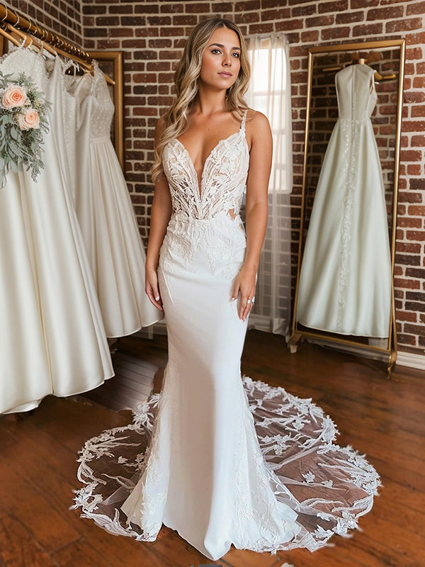 Sheath V-neck Appliques Lace Cathedral Train Stretch Crepe Wedding Dress