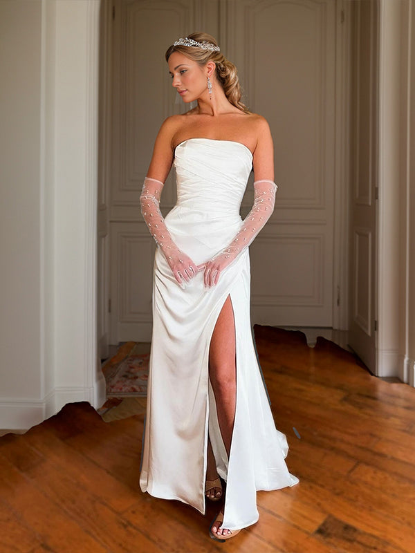 Sheath Straight Pleated Sweep Train Silk like Satin Wedding Dress