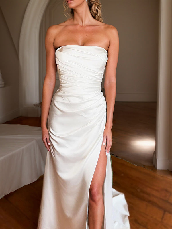 Sheath Straight Pleated Sweep Train Silk like Satin Wedding Dress